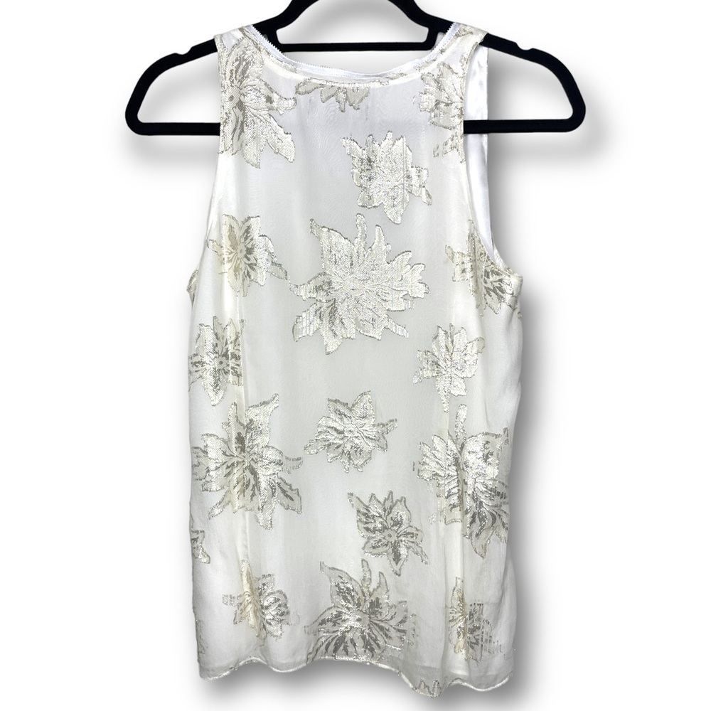 White House Black Market Size S White Metallic Gold Floral Sleeveless Silk Top - Picture 2 of 12